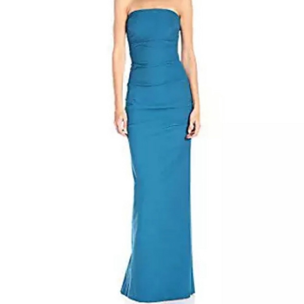 Nicole Miller Teal Strapless Long Formal Silk Gown